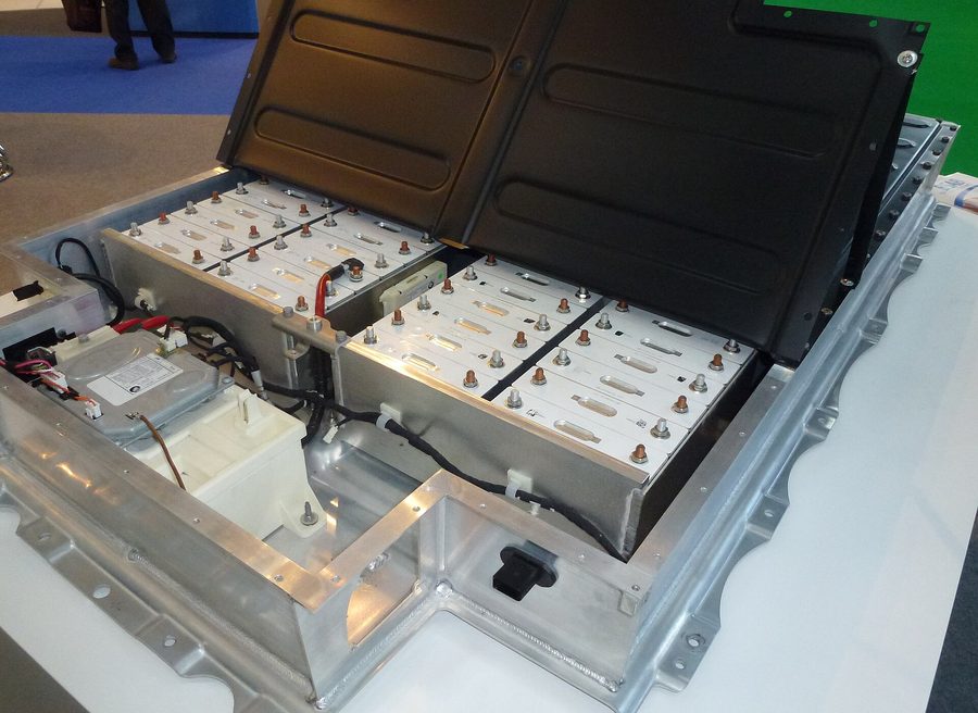 An opened electric car battery pack showing its modules