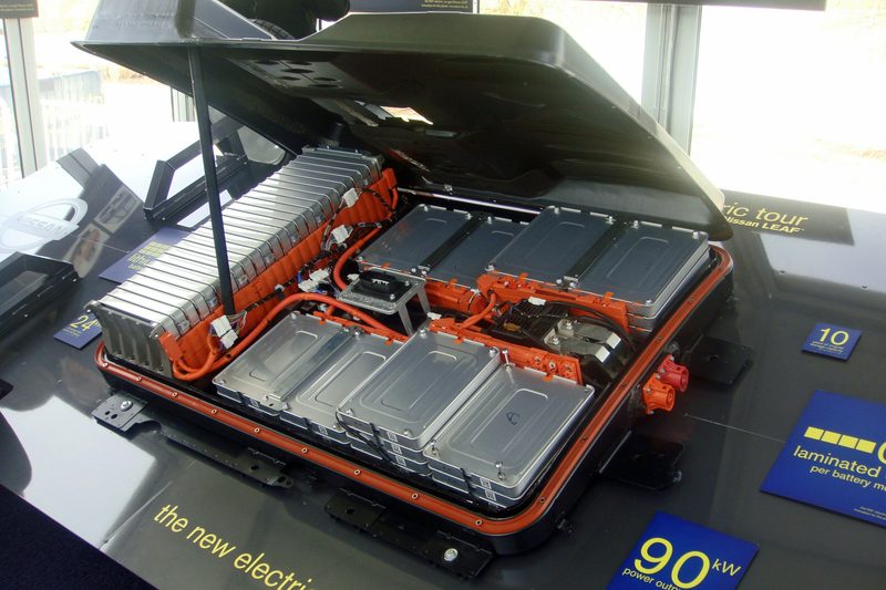 An electric car battery pack with its modules exposed