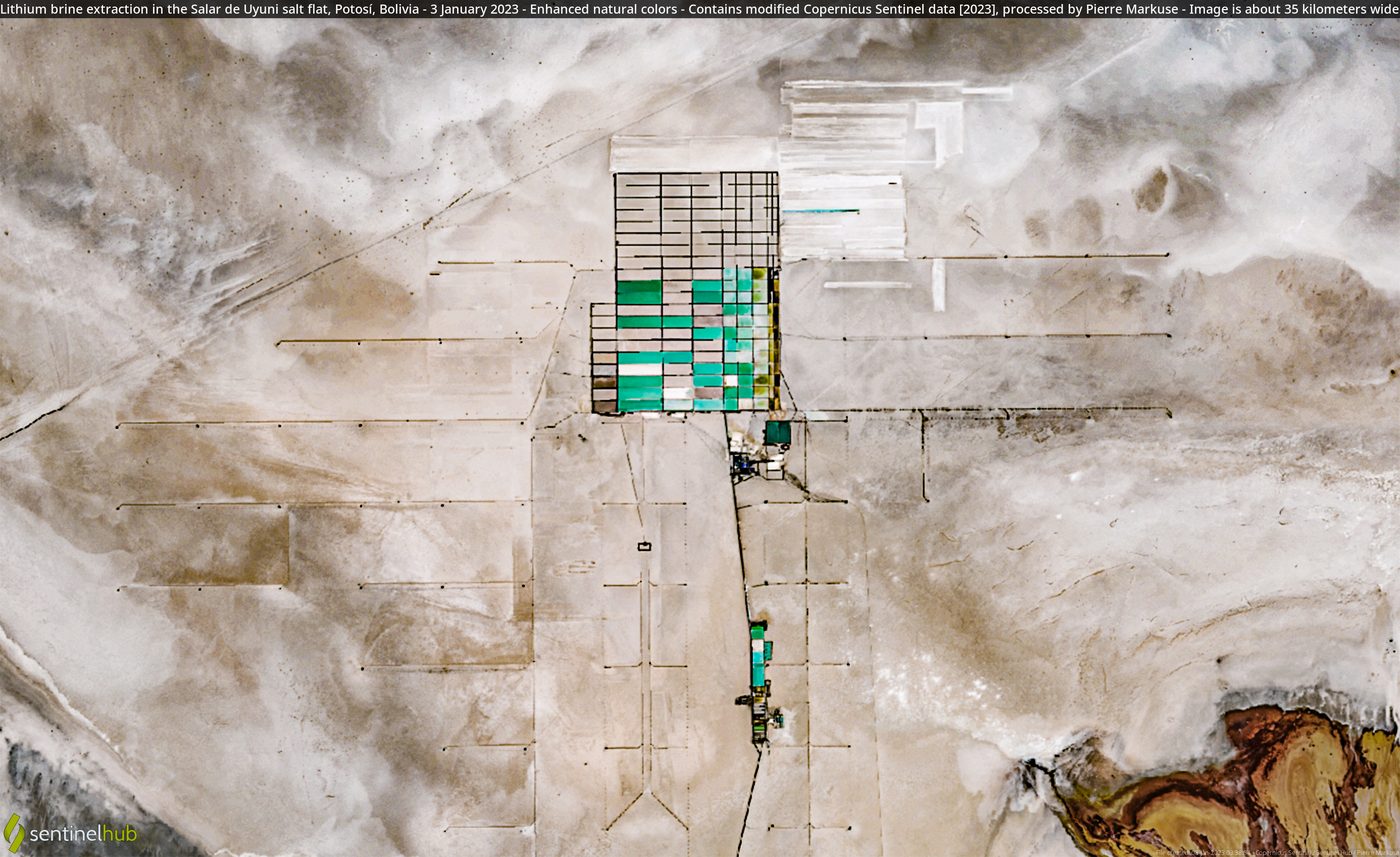 Satellite image showing lithium brine extraction infrastructure against the broad salt-flat landscape of Salar de Uyuni, Bolivia.